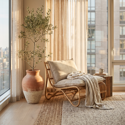 Bohemian corner with woven lounge chair