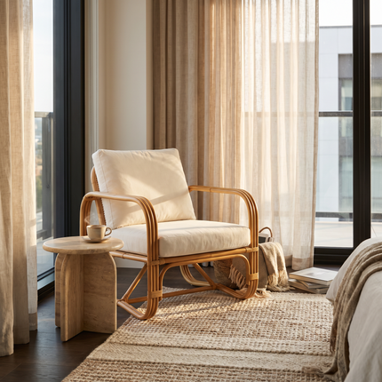 Rattan lounge chair by a window