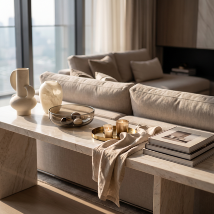Decor vignette on a marble console