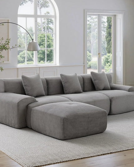 118-Inch Corduroy Modular Sectional Sofa Bed - Wide Armrests, Throw Pillows, Dark Grey
