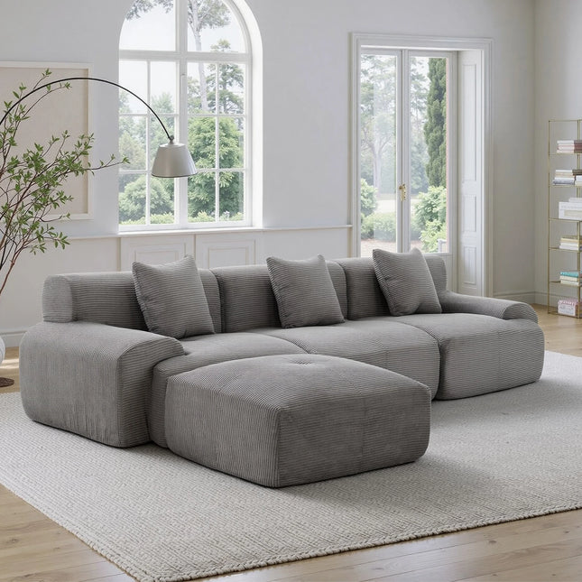 118-Inch Corduroy Modular Sectional Sofa Bed - Wide Armrests, Throw Pillows, Dark Grey