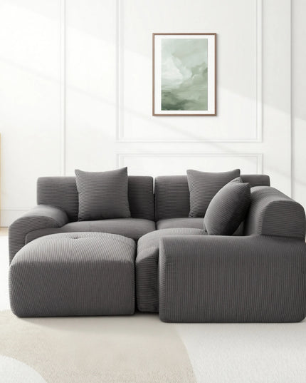 118-Inch Corduroy Modular Sectional Sofa Bed - Wide Armrests, Throw Pillows, Dark Grey
