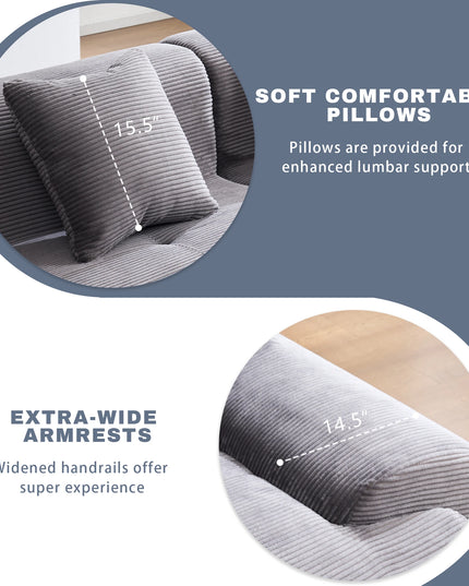 118-Inch Corduroy Modular Sectional Sofa Bed - Wide Armrests, Throw Pillows, Dark Grey