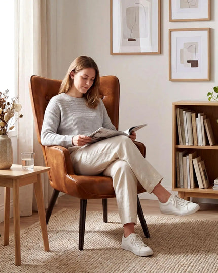 Wingback PU Leather Accent Chair - High Back Armchair for Living Room and Reception