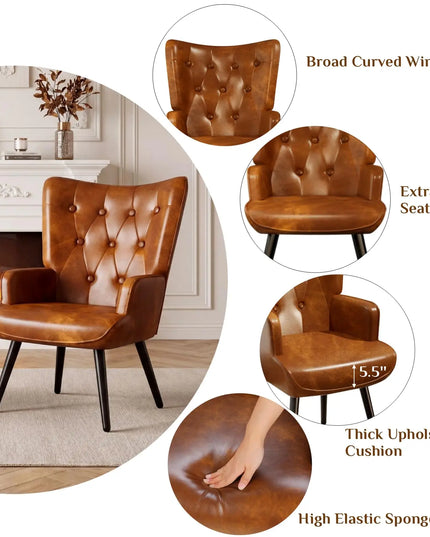 Wingback PU Leather Accent Chair - High Back Armchair for Living Room and Reception