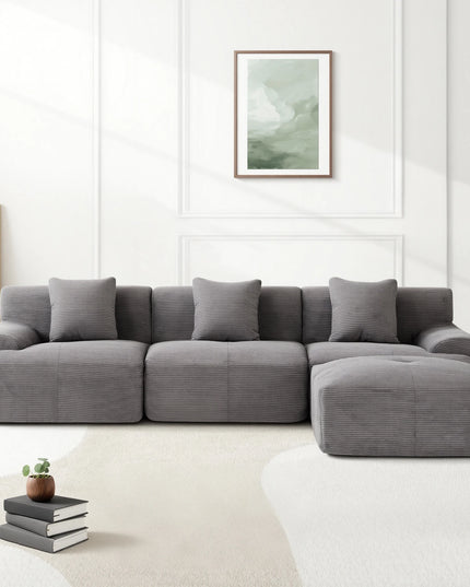 118-Inch Corduroy Modular Sectional Sofa Bed - Wide Armrests, Throw Pillows, Dark Grey
