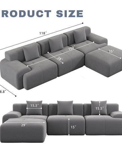 118-Inch Corduroy Modular Sectional Sofa Bed - Wide Armrests, Throw Pillows, Dark Grey