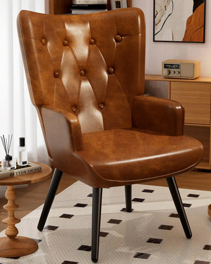 Wingback PU Leather Accent Chair - High Back Armchair for Living Room and Reception