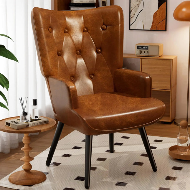 Wingback PU Leather Accent Chair - High Back Armchair for Living Room and Reception