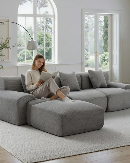 118-Inch Corduroy Modular Sectional Sofa Bed - Wide Armrests, Throw Pillows, Dark Grey