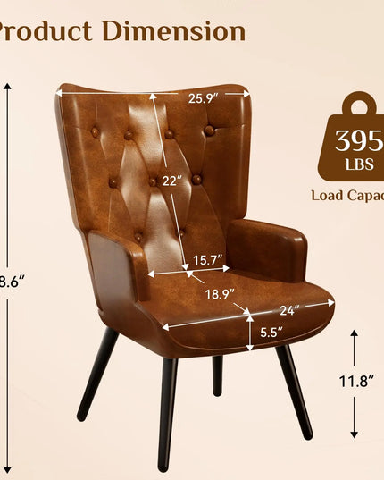 Wingback PU Leather Accent Chair - High Back Armchair for Living Room and Reception