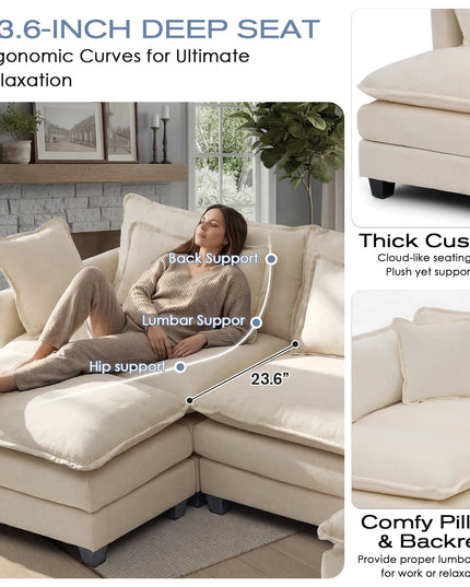 113-Inch Cloud Modular Sectional Sofa with Ottoman - 23.6-Inch Deep Seat, 4 Colours