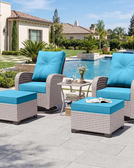 5-Piece Wicker Swivel Rocker Set - Rockers, Ottomans, Glass Table and Cushions, 5 Colours