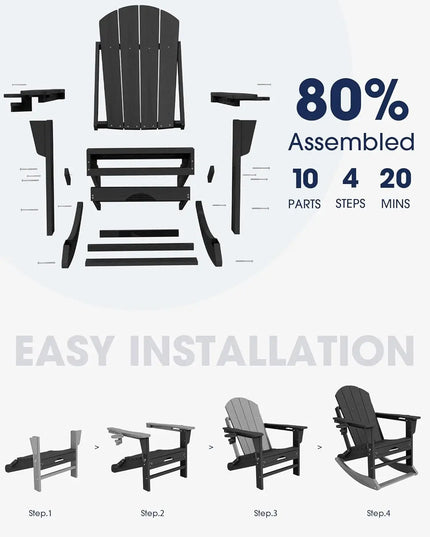 Adirondack Rocking Chairs, Set of 2 - HDPE with Retractable Footrests and Cup Holders