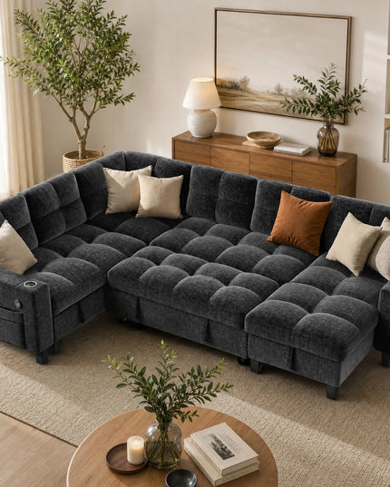 U-Shaped Modular Sleeper Sofa - Pull-Out Bed, Hidden Storage, USB Ports, 5 or 7 Seat