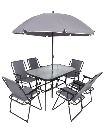 8-Piece Patio Dining Set with Umbrella - Glass Table and 6 Folding Mesh Chairs