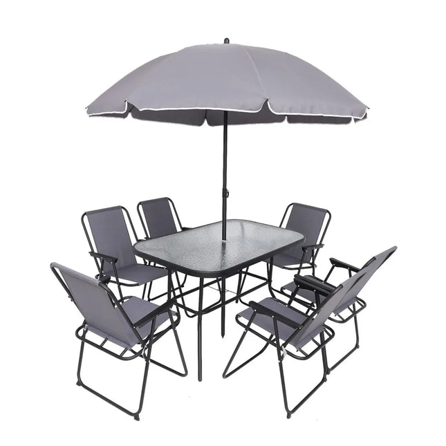 8-Piece Patio Dining Set with Umbrella - Glass Table and 6 Folding Mesh Chairs