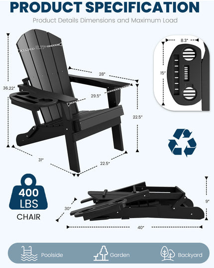 Folding Adirondack Chairs, Set of 2 - HDPE with Cup Holders and Cushions, 6 Colours