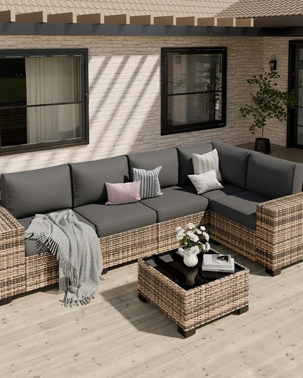 6-Piece Patio Sectional - 5 Conversation Sofas and Tempered Glass Table, Thick Cushions