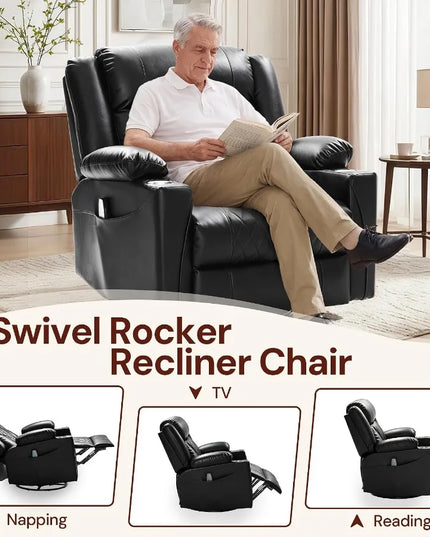 Oversized Swivel Rocker Recliner - Big and Tall Faux Leather, Heat and Massage, 3 Colours