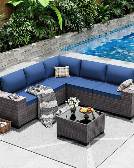 6-Piece Patio Sectional - 2 Armrest Sofas, 3 Armless Sofas and Glass Coffee Table