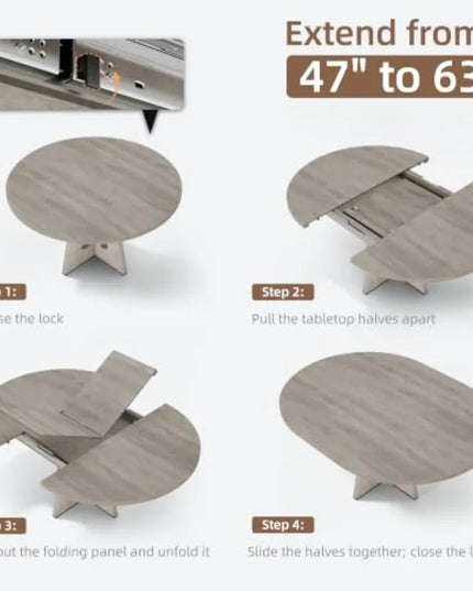 Extendable Round Dining Table in Grey - 47 to 63 Inches, Seats 4 to 8, Table Only