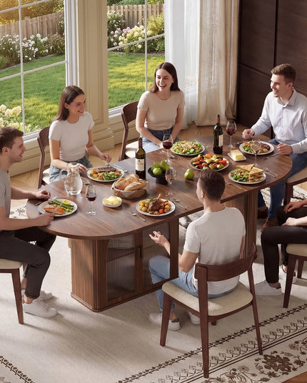 Walnut 70-Inch Oval Dining Table - Seats 6 to 8, 2-Tier Storage and LED, Table Only