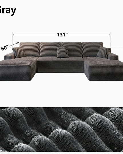 131-Inch Boneless Corduroy Cloud Sofa - U-Shaped Sectional Sofa Bed, No Assembly