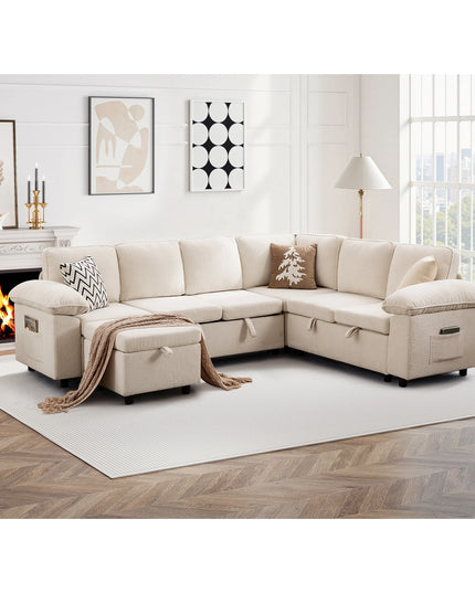 112-Inch L-Shaped Modular Sectional Sofa Bed - Movable Ottoman and Side Storage Pockets