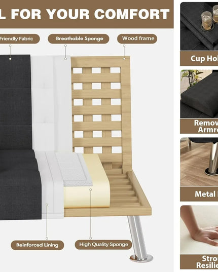 Futon Sofa Bed with Removable Armrests - Adjustable Recliner Sleeper, 2 Cup Holders