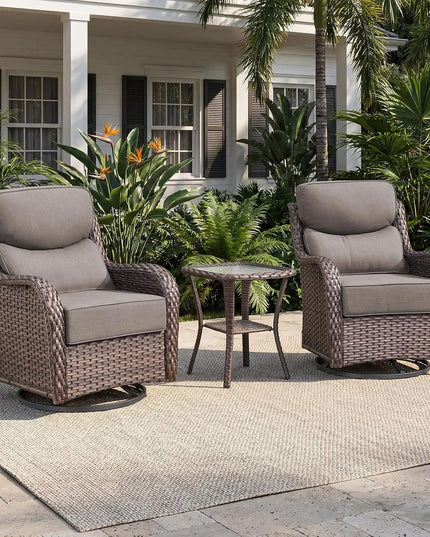 3-Piece Wicker Patio Bistro Set - 2 High-Back Swivel Chairs, Table, 6-Inch Cushions