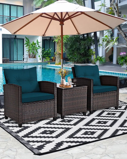 3-Piece PE Rattan Patio Set - 2 Wicker Chairs, Tempered Glass Table and 4 Cushions