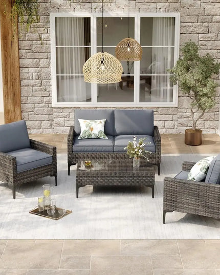 4-Piece Wicker Patio Set - Loveseat, 2 Armchairs and Glass Table in Grey or Beige