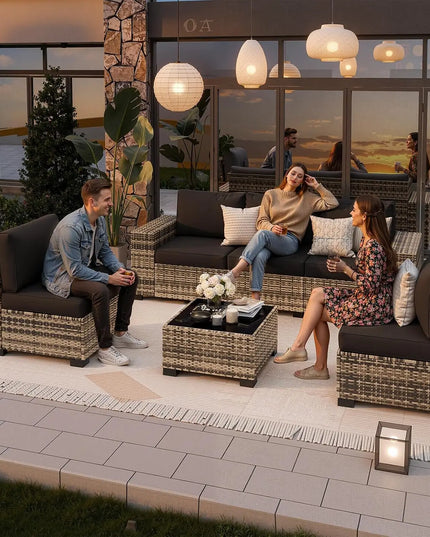 6-Piece Patio Sectional - 5 Conversation Sofas and Tempered Glass Table, Thick Cushions