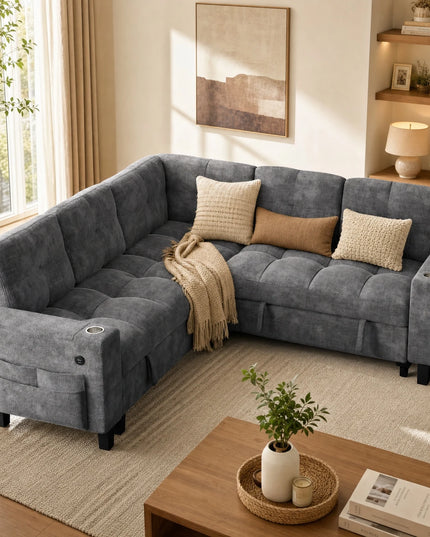 U-Shaped Modular Sleeper Sofa - Pull-Out Bed, Hidden Storage, USB Ports, 5 or 7 Seat