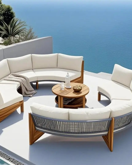 7-Piece All-Weather Rattan Conversation Set - Tempered Glass Table and Striped Pillows