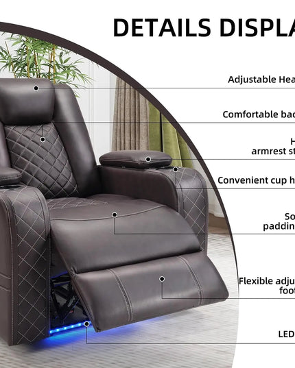 Electric Power Recliner Home Theater Chair - Adjustable Headrest, LED, USB, Cup Holders