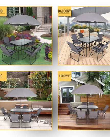 8-Piece Patio Dining Set with Umbrella - Glass Table and 6 Folding Mesh Chairs