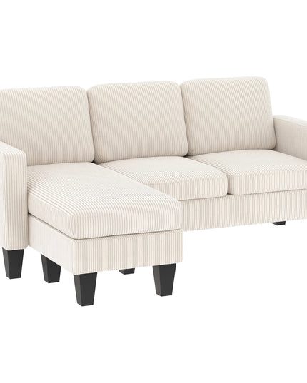 73-Inch Small L-Shaped Sectional Sofa - Reversible Chaise, Cream Corduroy, Seats 3