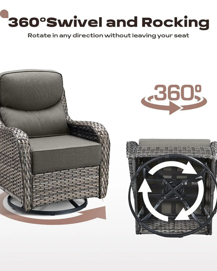 3-Piece Wicker Patio Bistro Set - 2 High-Back Swivel Chairs, Table, 6-Inch Cushions