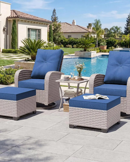 5-Piece Wicker Swivel Rocker Set - Rockers, Ottomans, Glass Table and Cushions, 5 Colours