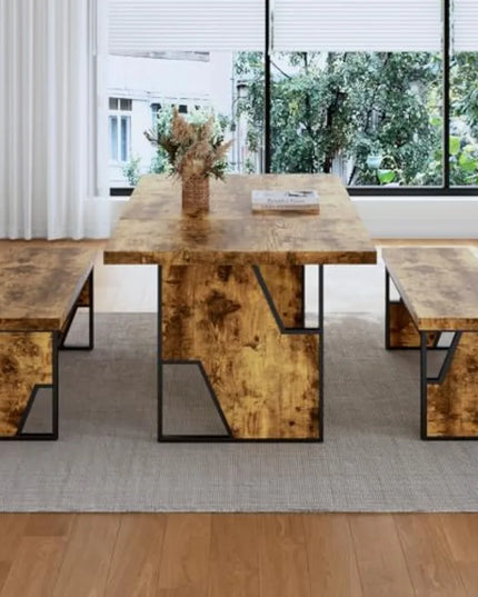 Rustic 70.8-Inch Dining Table with 2 Matching Benches - Natural Wood, Seats 6