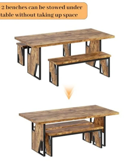 Rustic 70.8-Inch Dining Table with 2 Matching Benches - Natural Wood, Seats 6
