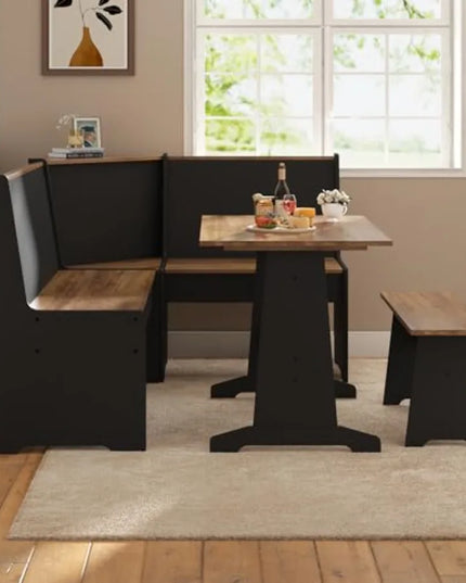 3-Piece Breakfast Nook Dining Set - Corner Bench Seating with Storage, Black Oak