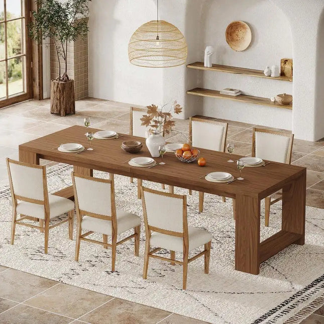 86.61-Inch Narrow Farmhouse Dining Table - Wood Pedestal Base, Seats 6 to 8, 4 Finishes