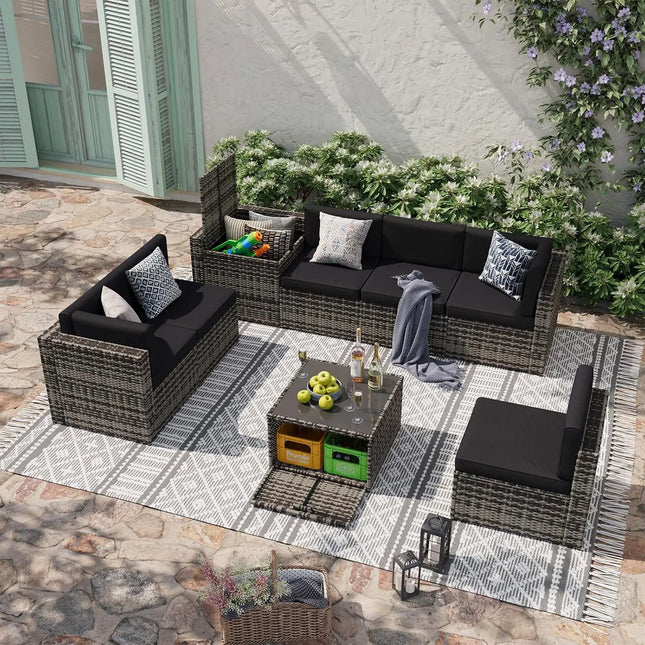 8-Piece Wicker Patio Set with Storage Table - Includes 2 Waterproof Covers, Modular