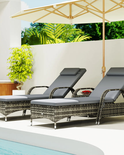 3-Piece PE Rattan Lounger Set - 2 Reclining Loungers with Wheels, Cushions, Side Table
