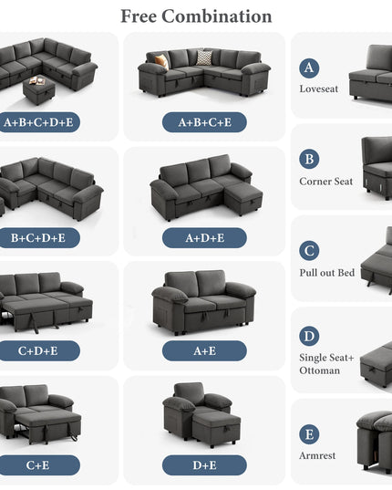 112-Inch L-Shaped Modular Sectional Sofa Bed - Movable Ottoman and Side Storage Pockets