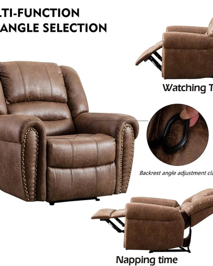 Classic Manual Leather Recliner Chair - Traditional Khaki Armchair with Padded Arms