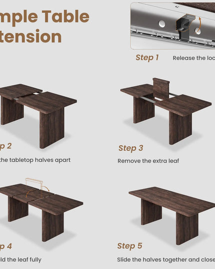 Extendable Farmhouse Dining Table - 63 to 82.7 Inches, Seats 8 to 10, 5 Finishes